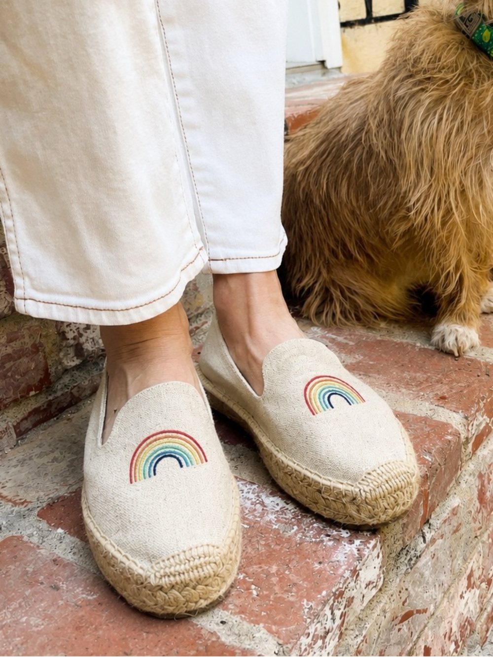 Saludos Anthropologie Woman Tan Rainbow Embroidered Espadrille US8 Boho Coastal